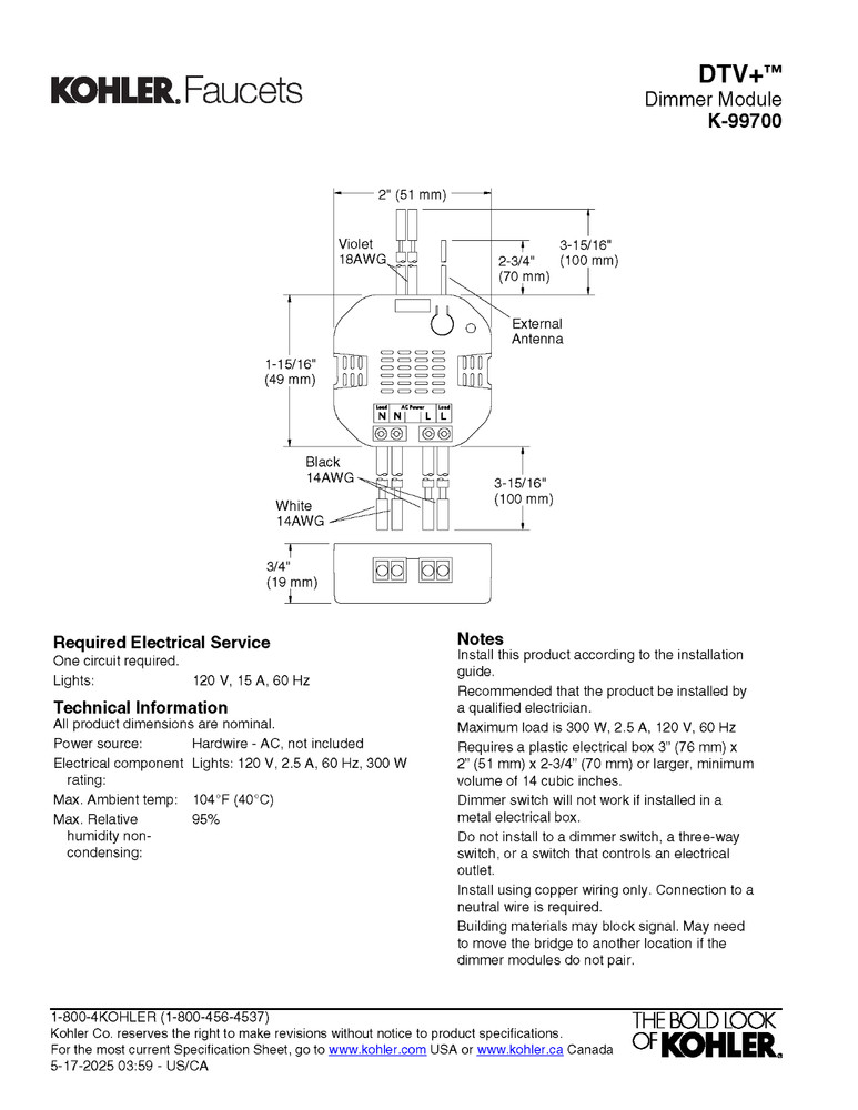 Kohler DTV+ K99700 Dimmer Switch Module