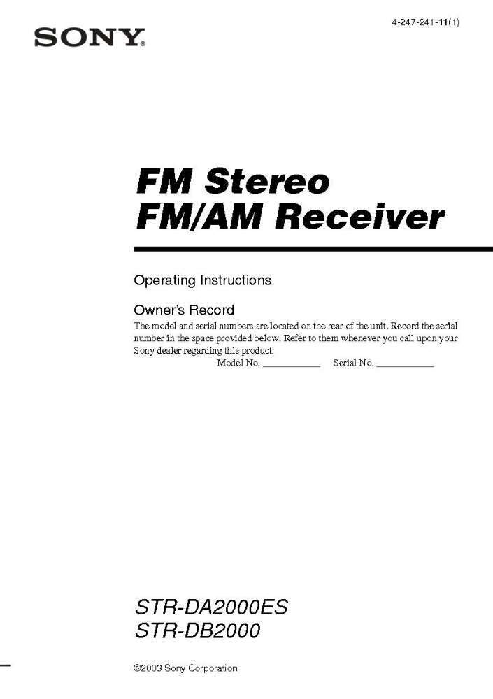 Sony STR-DB2000 Amplifier / Receiver Owners Instruction Manual