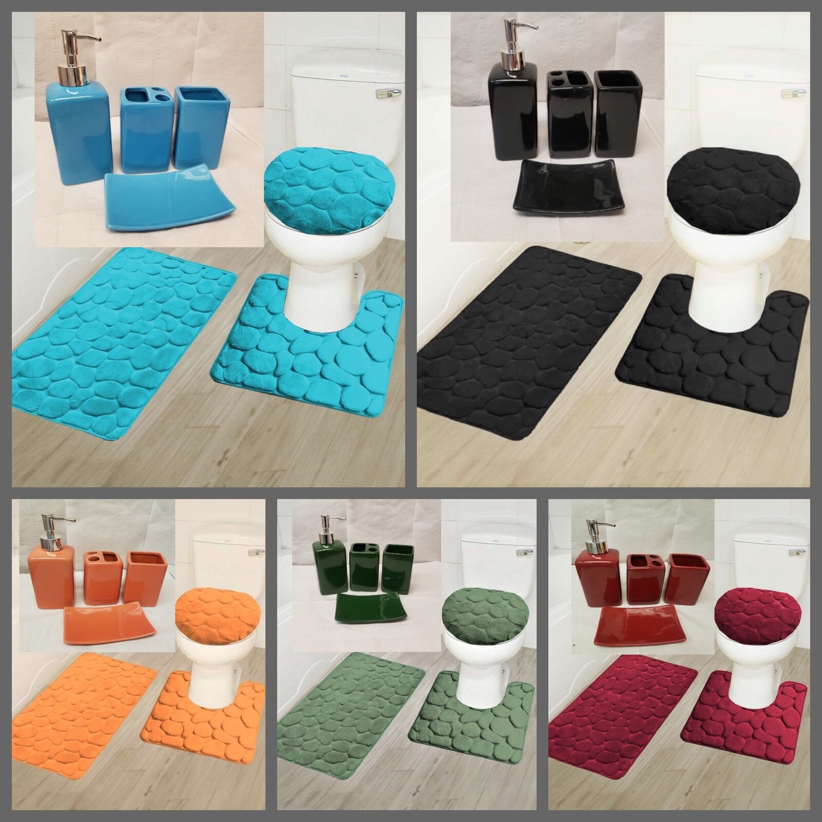 NEW 7PC BATHROOM SET 1 BATH RUG 1 CONTOUR MAT 1 TOILET LID COVER ACCESSORIES #6