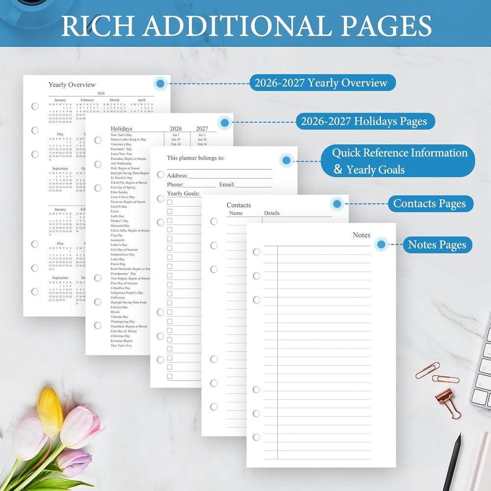 2026 Monthly Planner Refill, A6 Small Size Planner Inserts for 6 Ring,