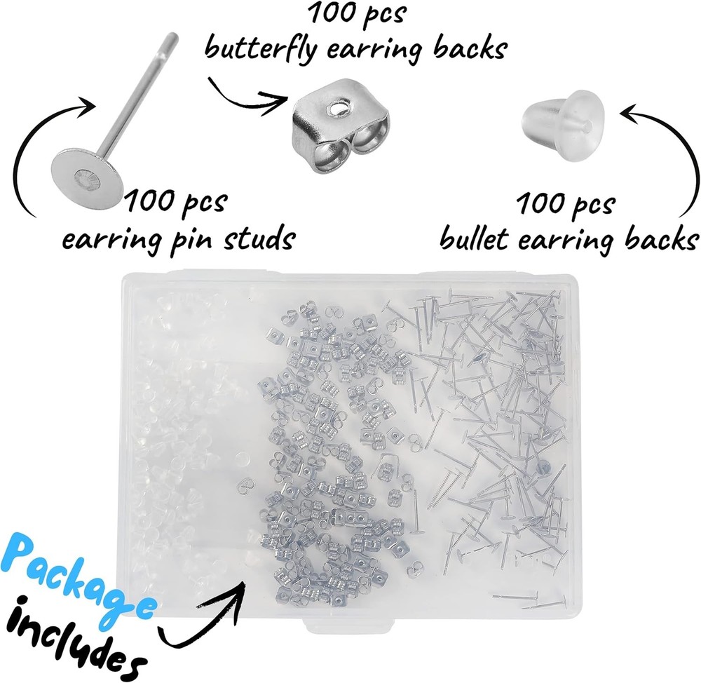 Mr. Pen - Earring Posts & Backs, 300 pcs, Silver & Stainless Steel, Stud Earring