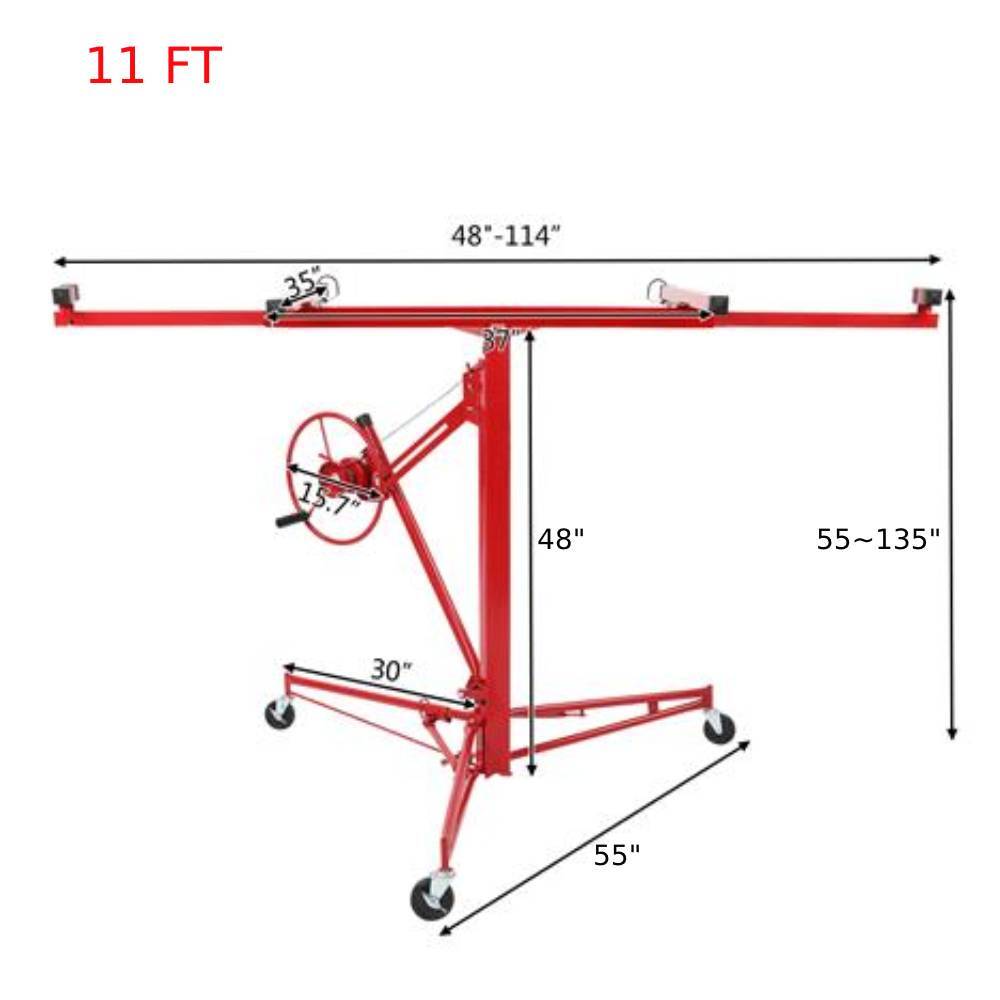 11 FT Drywall Rolling Lifter Panel Hoist Jack Lifter with 4" Lockable Wheels