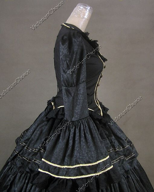 Black Victorian Civil War Brocade Dress Ruffle Skirt Ball Gown Gothic Costum 188