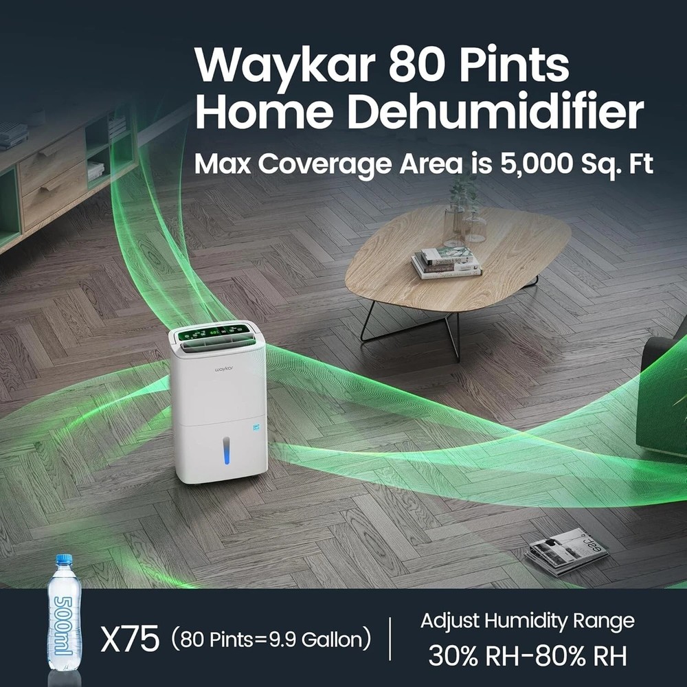 Eco-Friendly 80 Pint Dehumidifier with Self-Drying & Auto Defrost Features