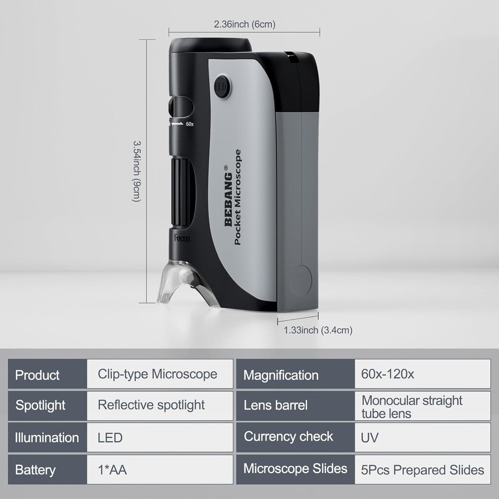 Pocket Microscope,60X-120X Handheld Mini Microscope for Kids with LED - BEBANG