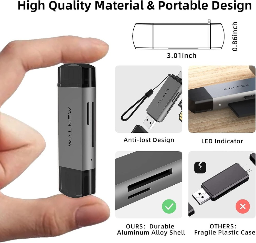 Versatile USB 3.0 & USB-C SD Card Reader with Aluminum Shell - Plug and Play