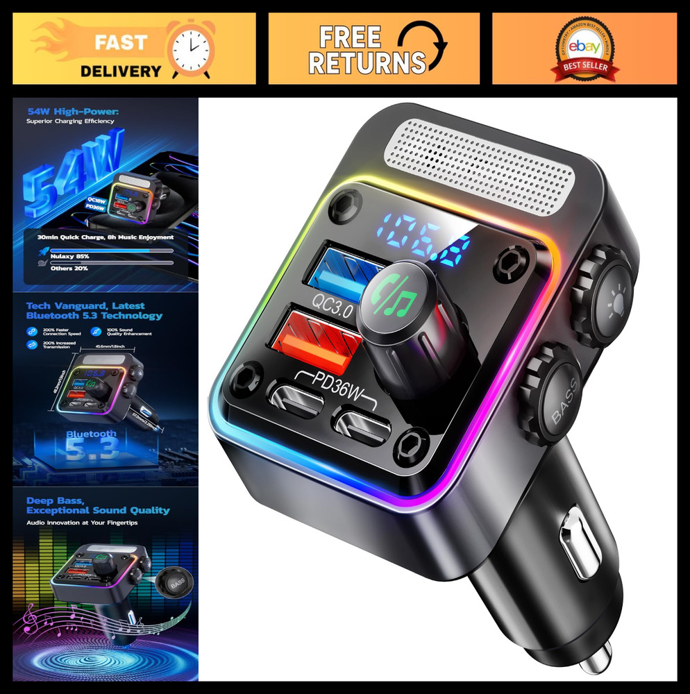 54W Bluetooth 5.3 Car Charger Adapter, 4-Port Fast Charging, FM Transmitter, Dee