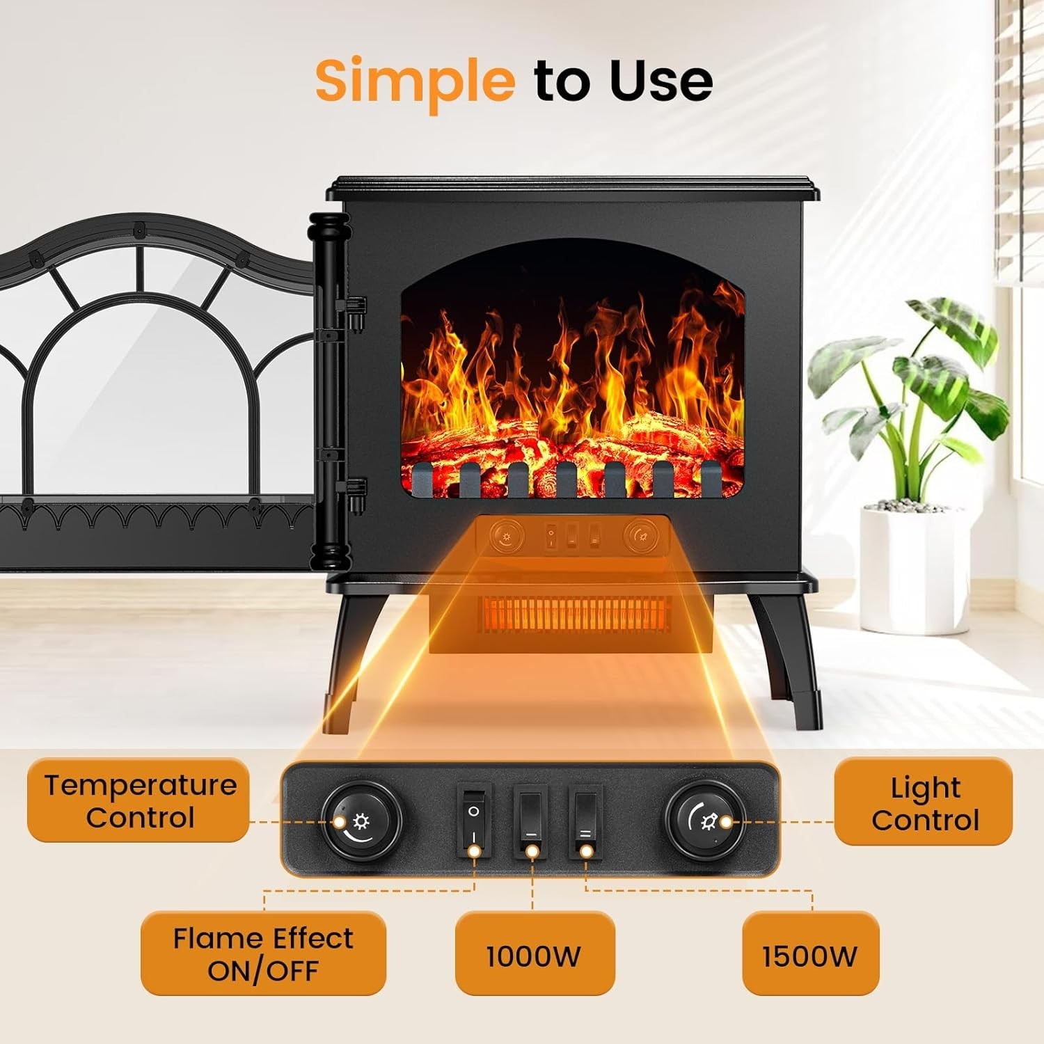 Electric Fireplace Heater, 20'' Infrared Fireplace Heater 1000/1500W, 3D Realist