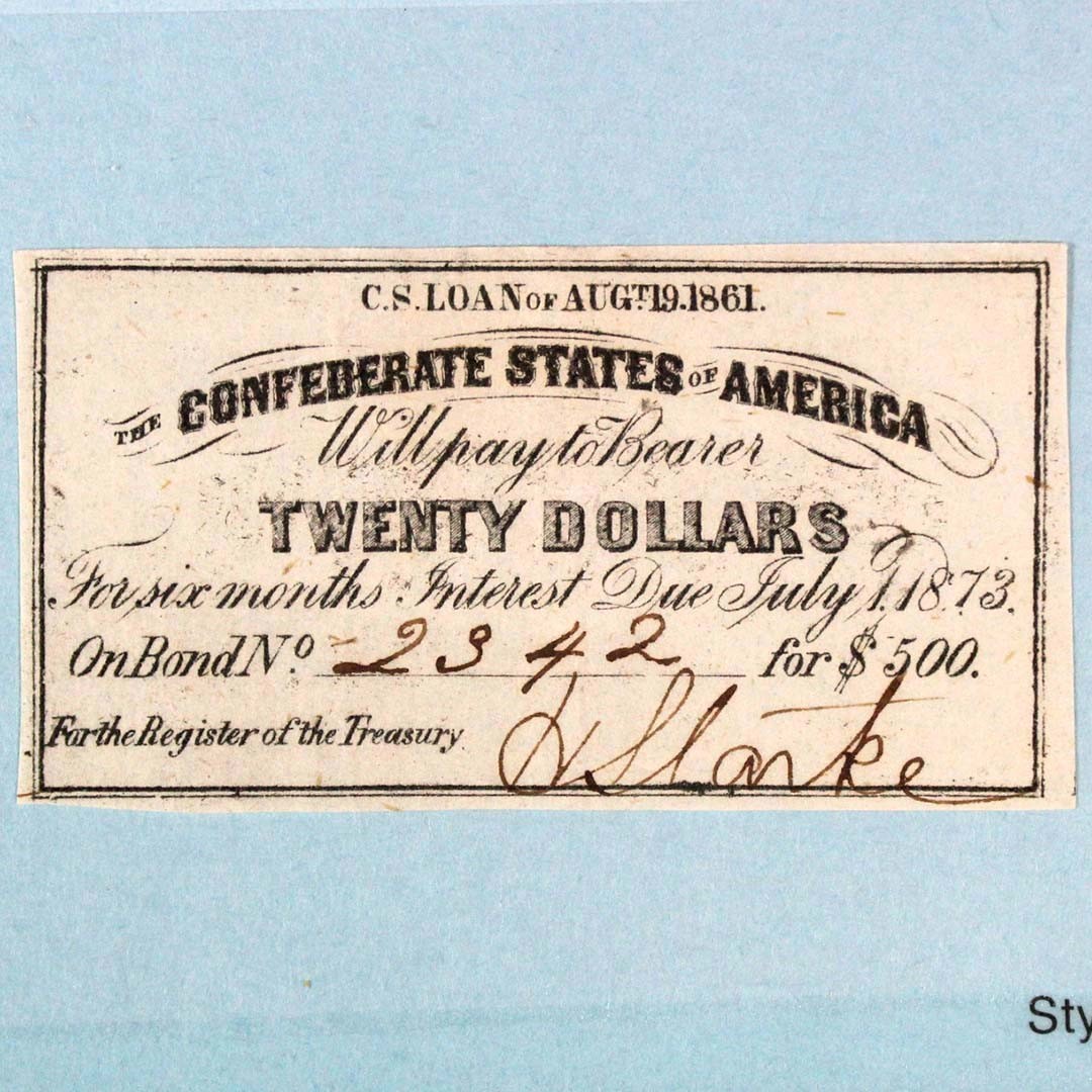 Group Lot of 4 Civil War $20 Confederate Bond Coupons C.S. Loan of 1861