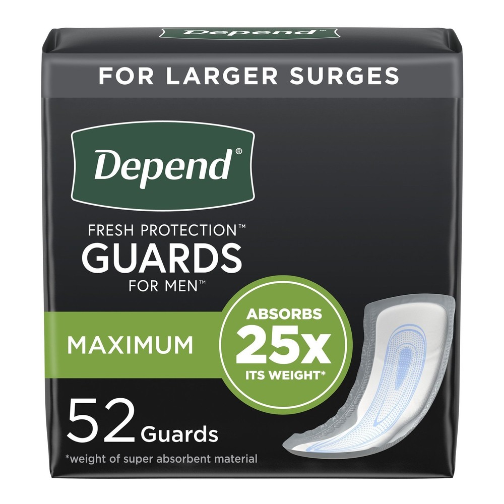 Depends Guards Incontinence Pads for Men, Maximum Absorbency, 52 Count