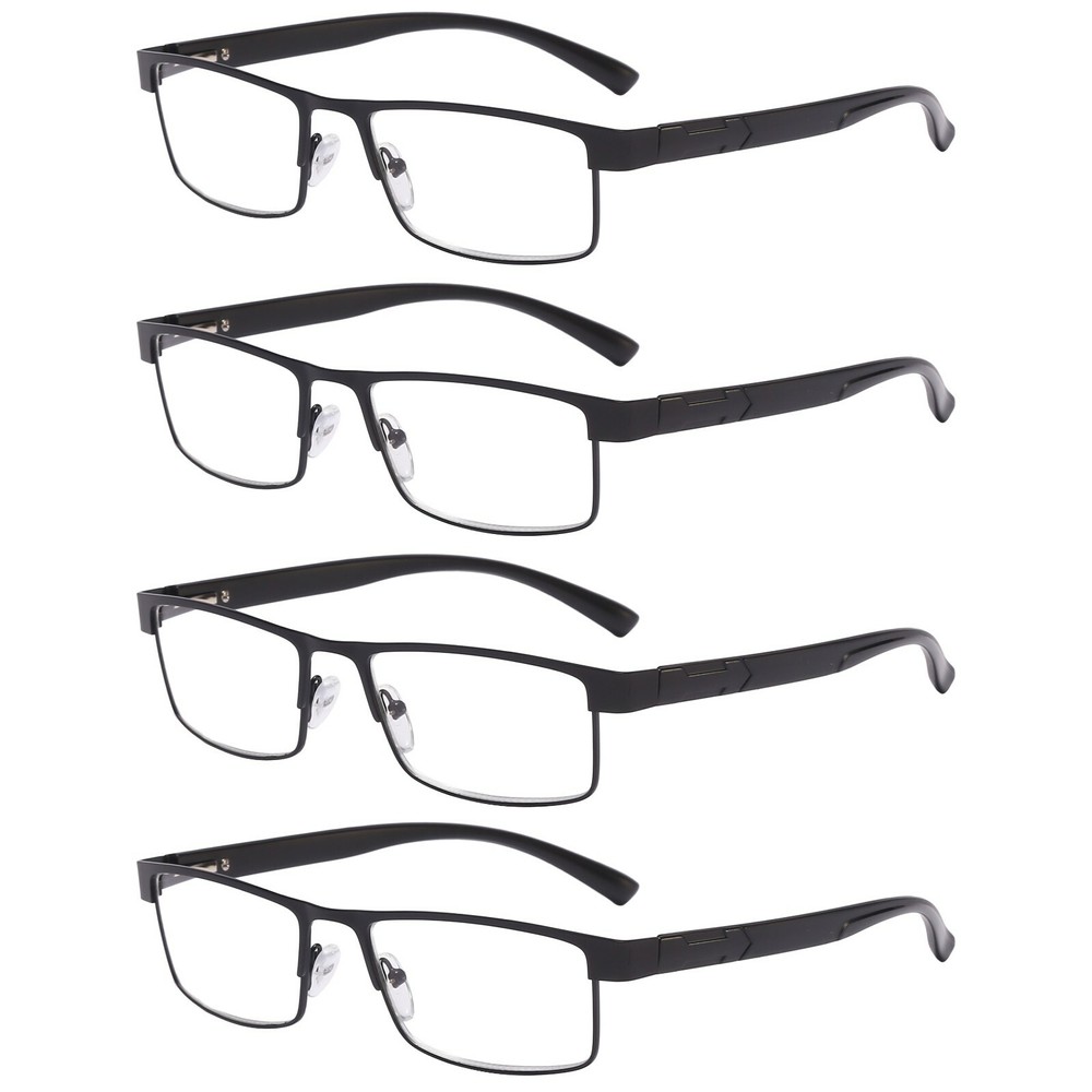 4 Pack Mens Rectangular Metal Frame Classic Reading Glasses Spring Hinge Readers