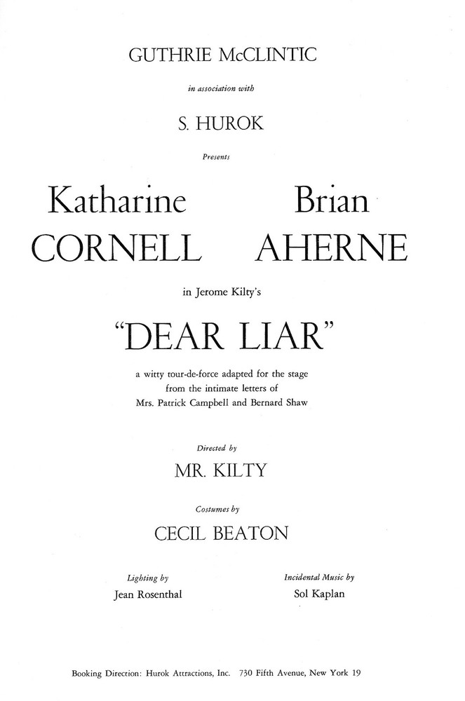 Katharine Cornell (Signed) "DEAR LIAR" Brian Aherne / Jerome Kilty 1960 Program