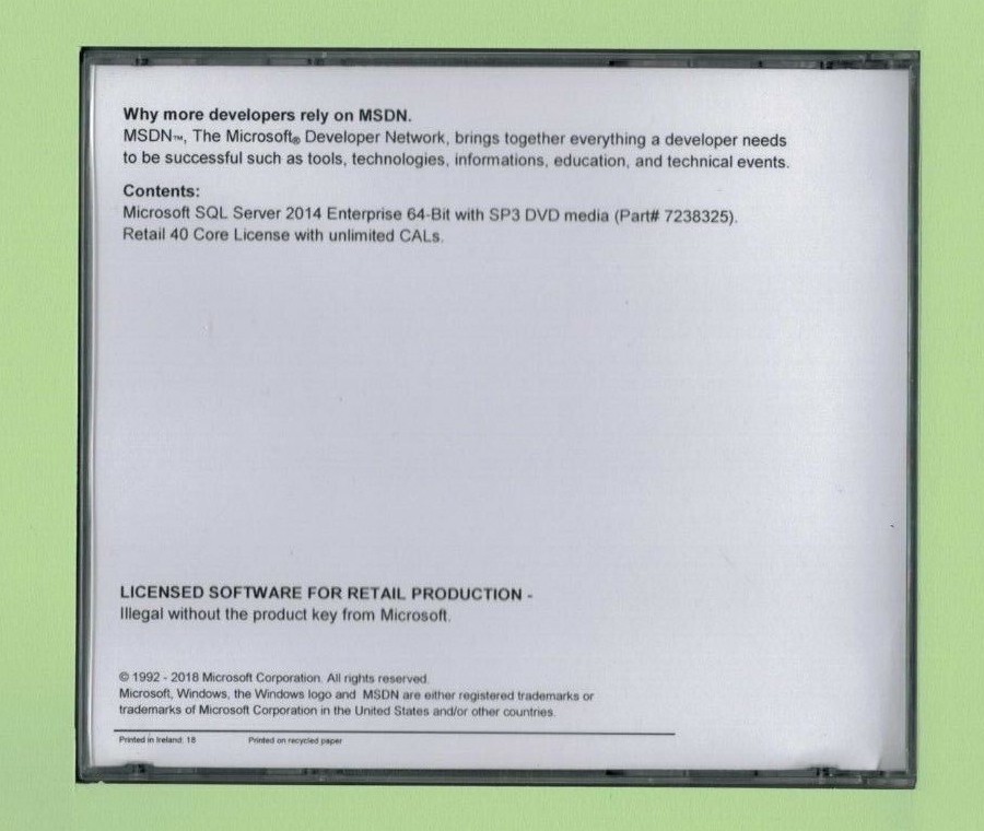 Microsoft SQL Server 2014 Enterprise 40 Core, Unlimited CALs. Authentic License