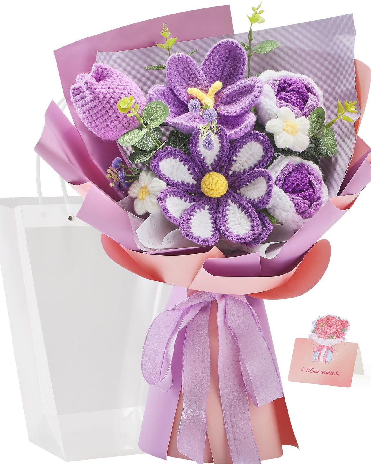 Alecono Crochet Flower Bouquet, Purple Knitted Flowers, Large,