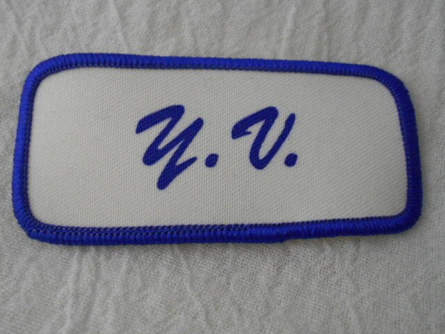Y. V.  USED SILK SCREEN NAME PATCH  BLUE ON WHITE