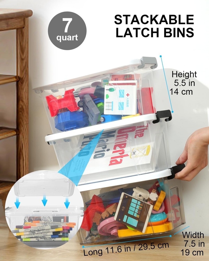 Transparent Stackable Storage Bins 7 Quart, 6 Pack with Handles - Home Organizer