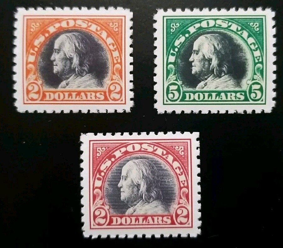 US Stamps SC# 523, 524, & 547 1918-1920 Franklin Color Trio Replica Set