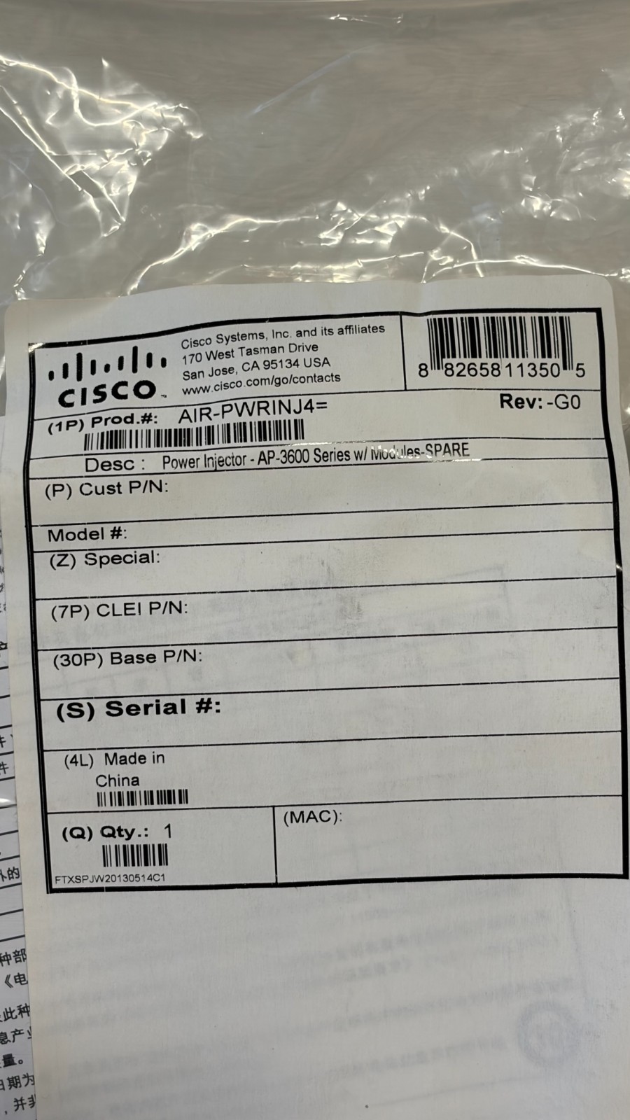 OEM NEW Cisco AIR-PWRINJ4= Power Injector 56V 0.55A, 341-0212-01, DPSN-35FB A