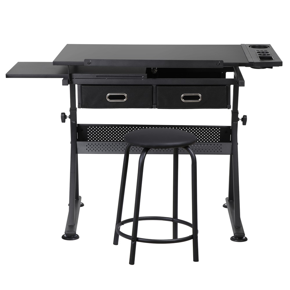 Adjustable Drafting Drawing Table Craft Tiltable Tabletop w/ 2 Drawers & Stool