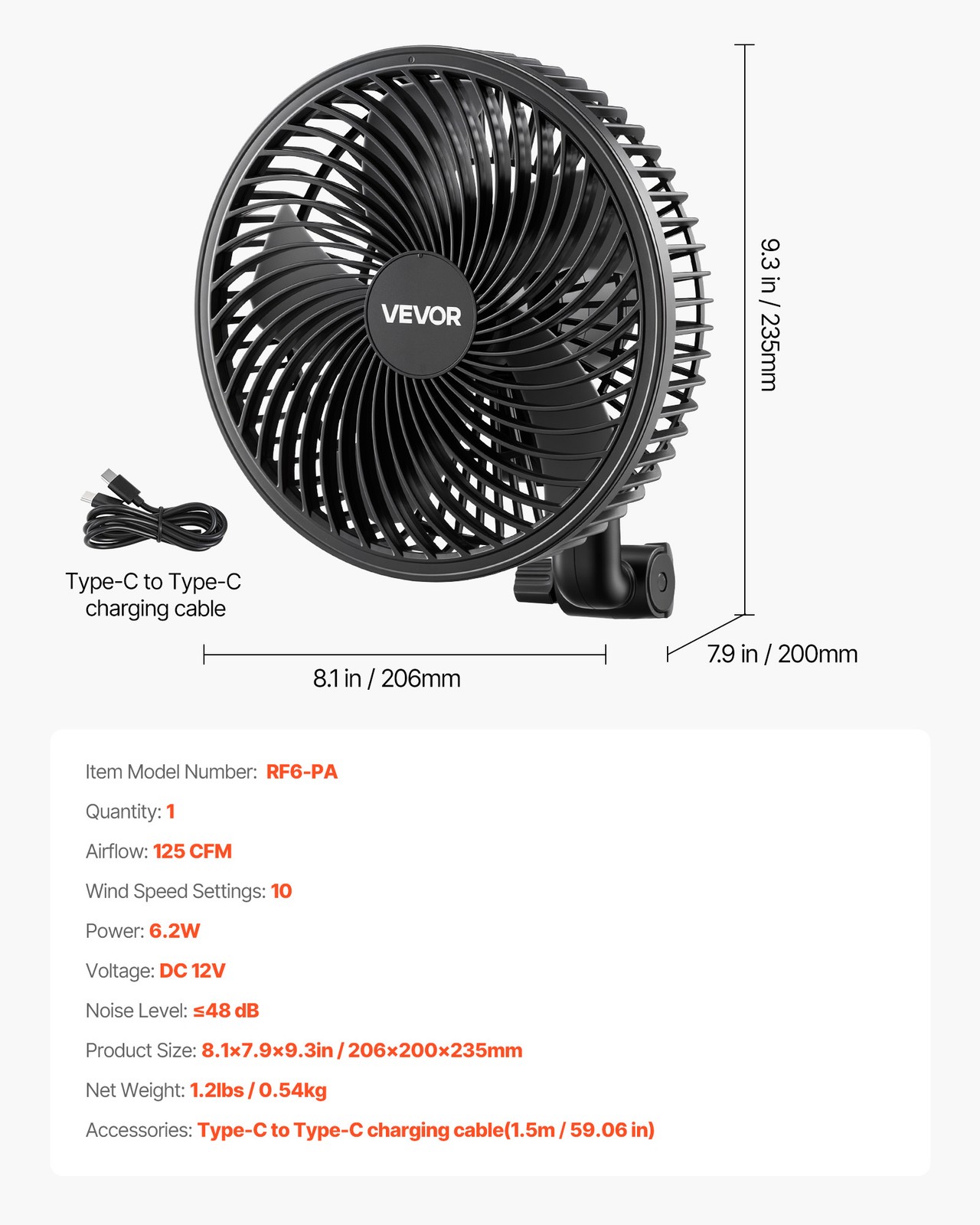 VEVOR Plant Fan Grow Tent Clip On Rechargeable USB 9 Speeds Circulation Smart