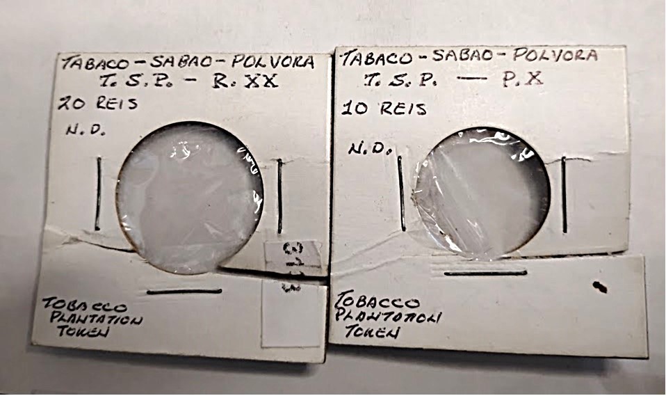 2 Mid 1800's Madeira Portugal T.S.P. Tobacco Plantation Tokens 20 Réis & 10 Reis