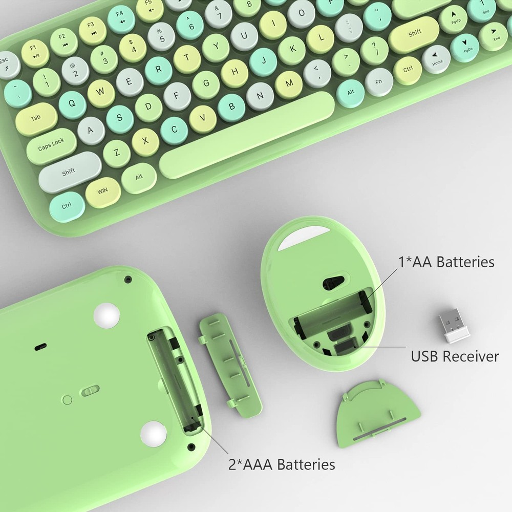 Wireless Keyboard Mouse Combo Ergonomic Full Size Typewriter Win PC Green