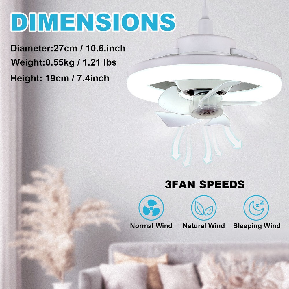 2 In 1 E27 Ceiling Socket Fan 48W with Dimmable LED Light Remote Control 3 Speed
