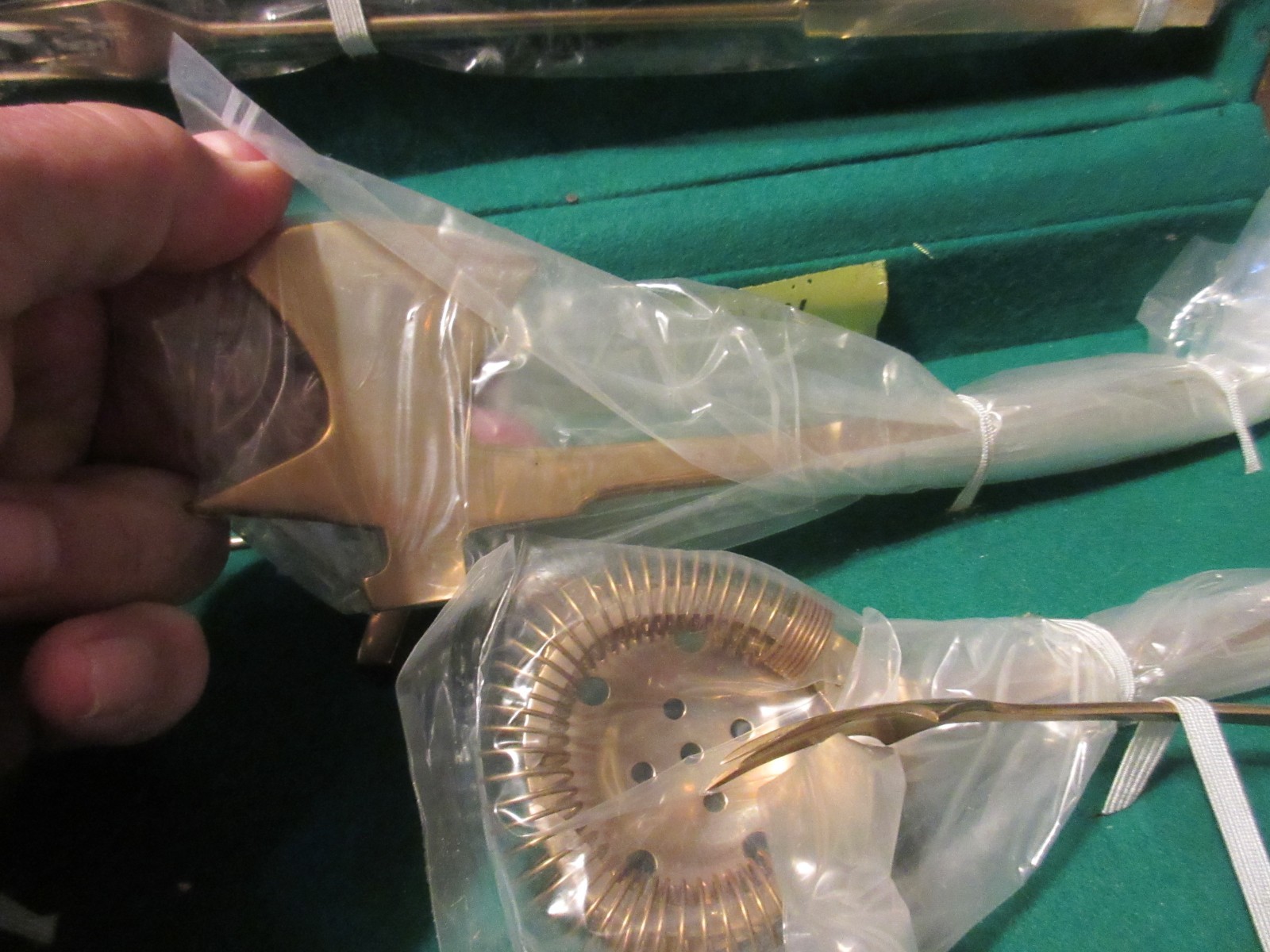 Vintage Cocktail Tool Kit Bar Set Teak Case Bronzeware 9 pc Thailand Nice