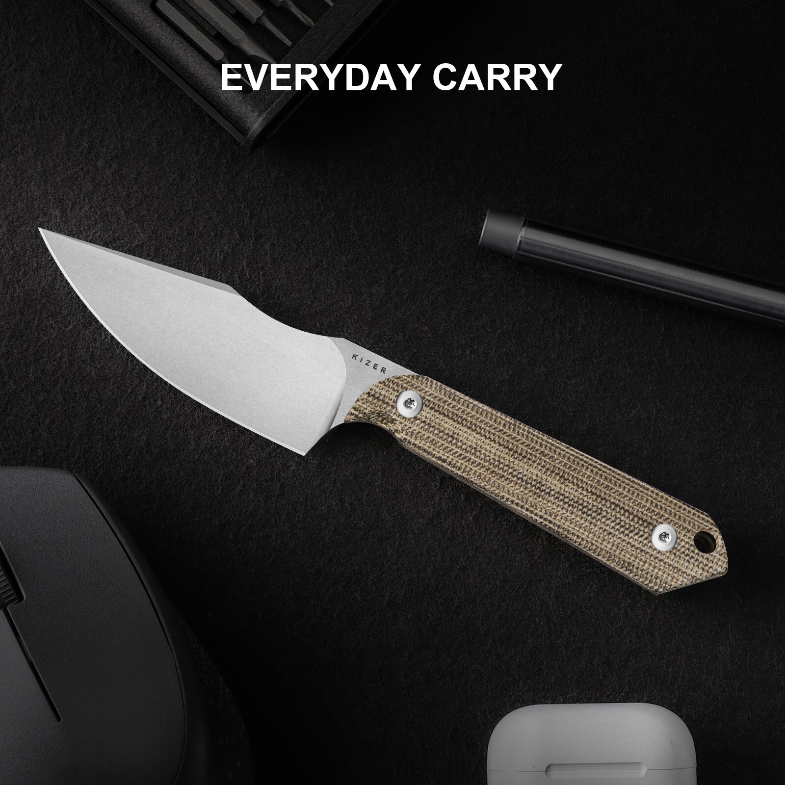 Kizer Mini Harpoon Drop Point Fixed Knife AEB-L Blade Micarta Handle With Sheath