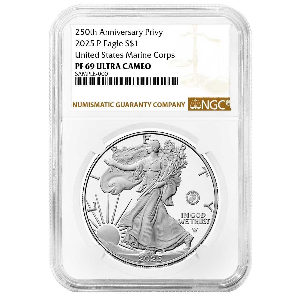 Presale - 2025-P Proof $1 American Silver Eagle Marine Corps Privy NGC PF69UC