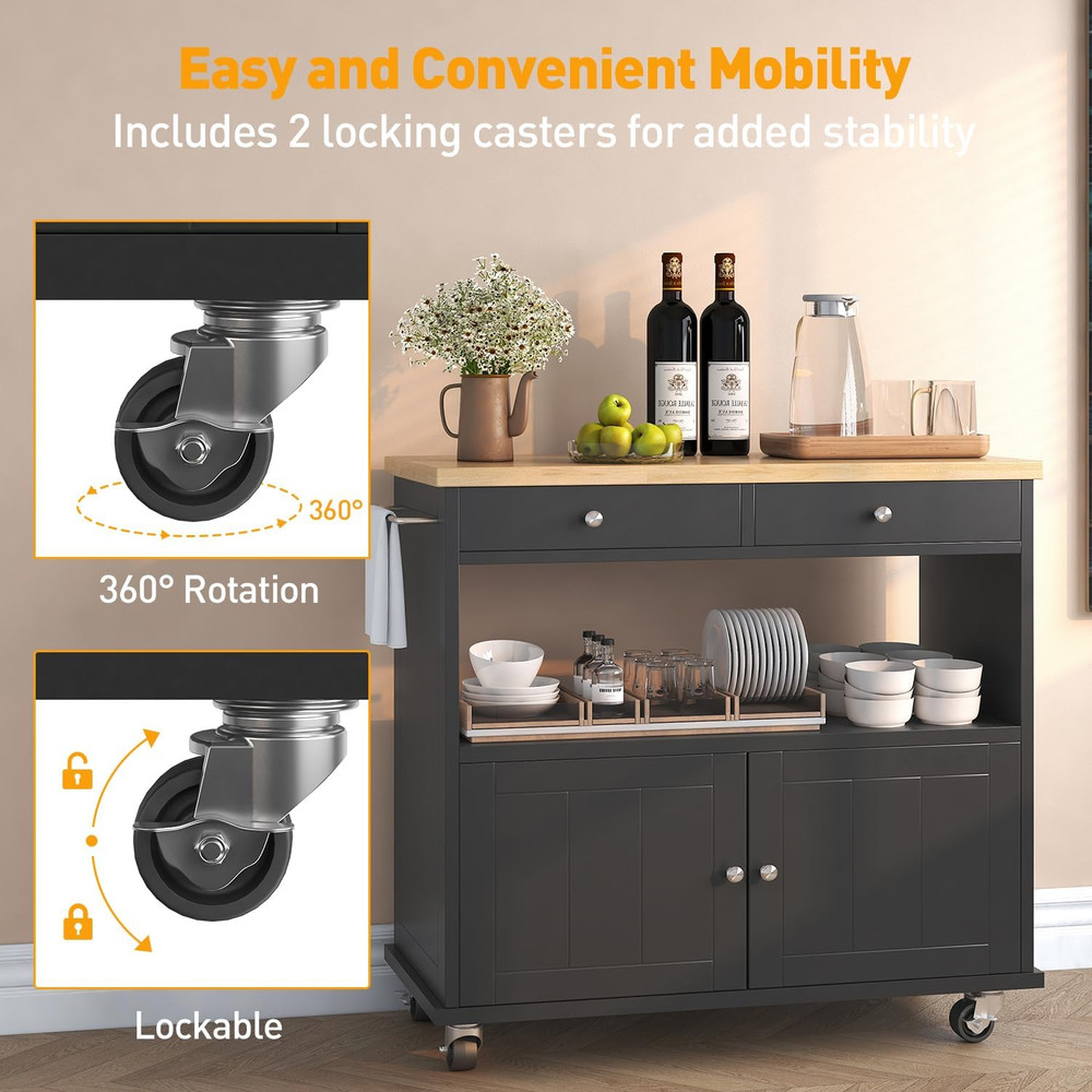 Portable Rolling Kitchen Island with Storage, 2 Drawers & Lockable Wheels