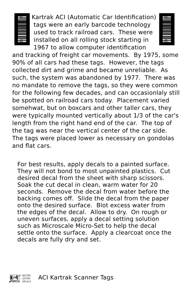 K4 O Scale Decals Kartrak ACI Scanner Barcode Tags