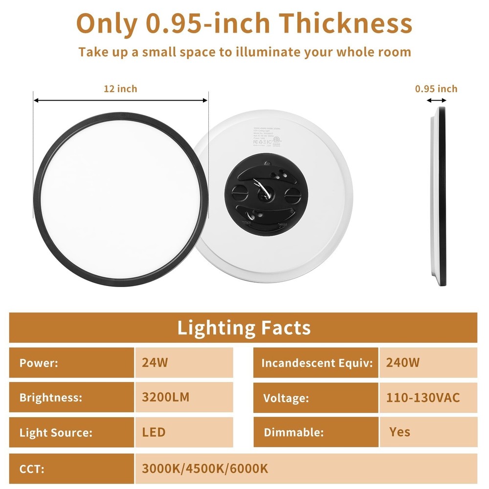 3200LM Flush Mount Ceiling Light Fixtures Black 12Inch, Dimmable LED Ceiling ...