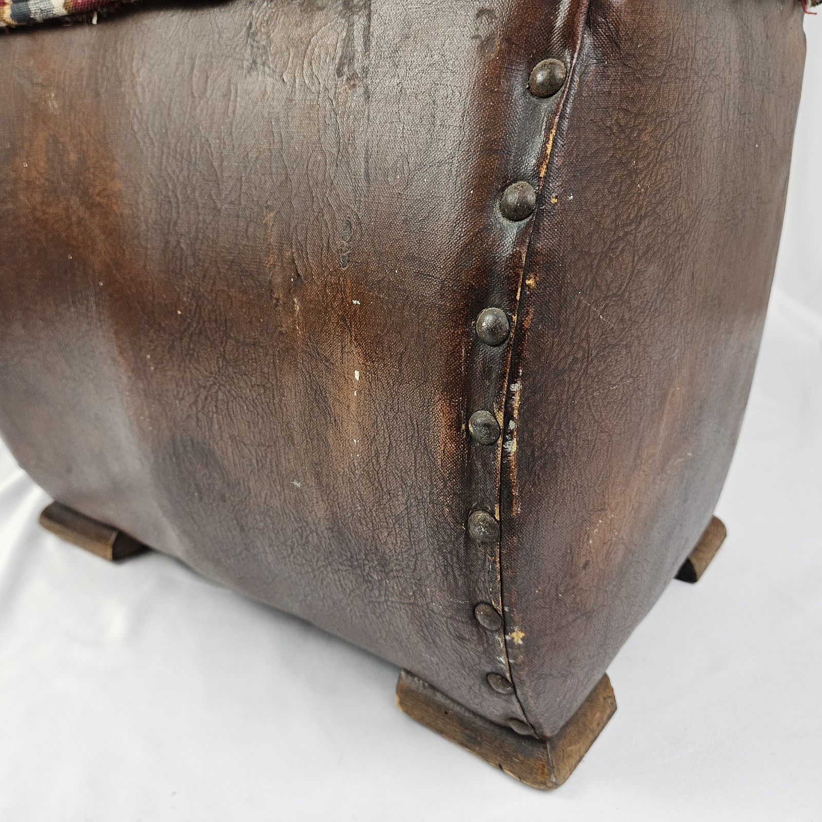 Chinoisiere Footstool Ottoman Leather Upholstered Vintage Chinese Chippendale