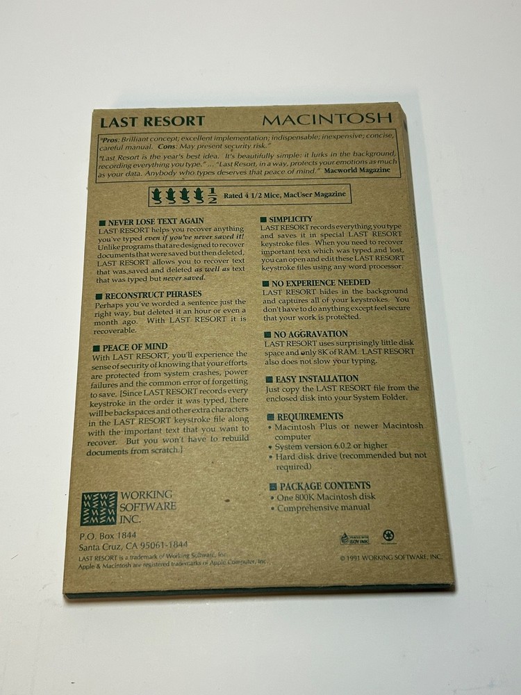Last Resort Keystroke Saver for Macintosh 3.5" Disk Spellswell Working Software