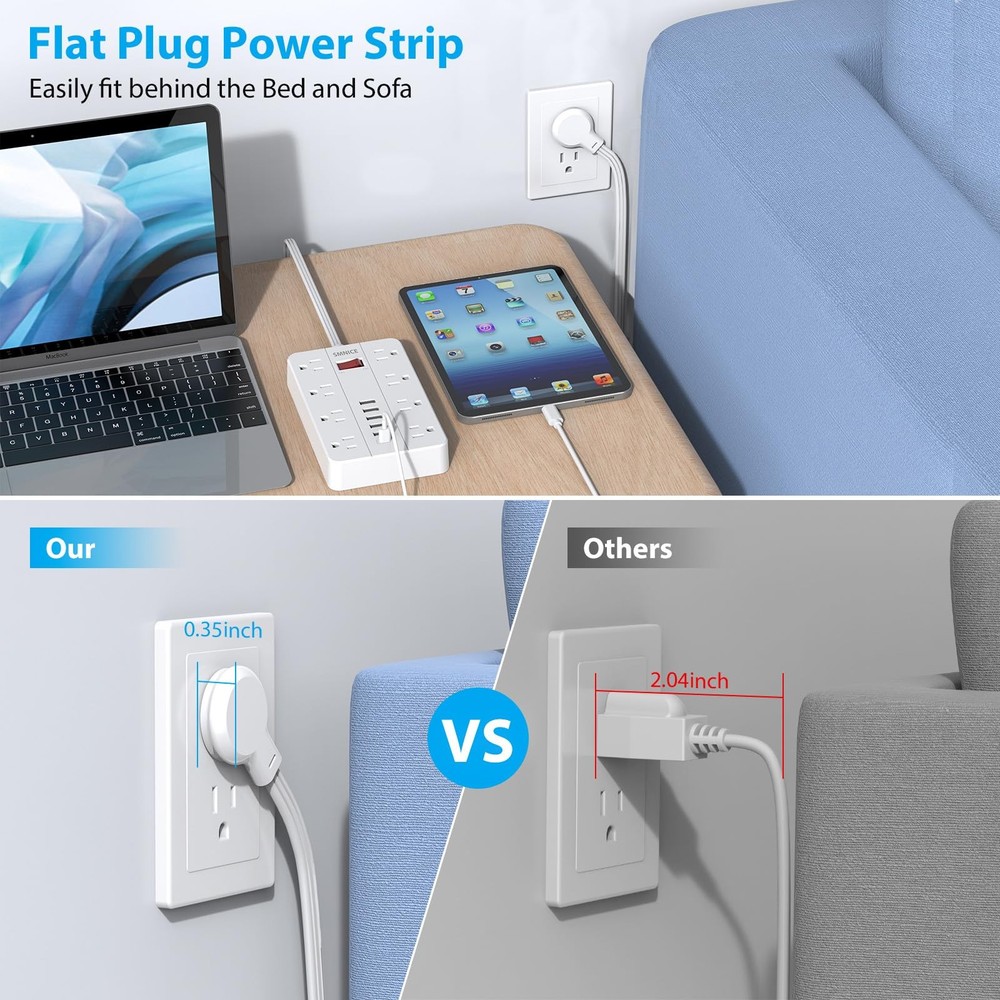 SMNICE Power Strip with USB,Surge Protector Flat Plug 8 5FT, White
