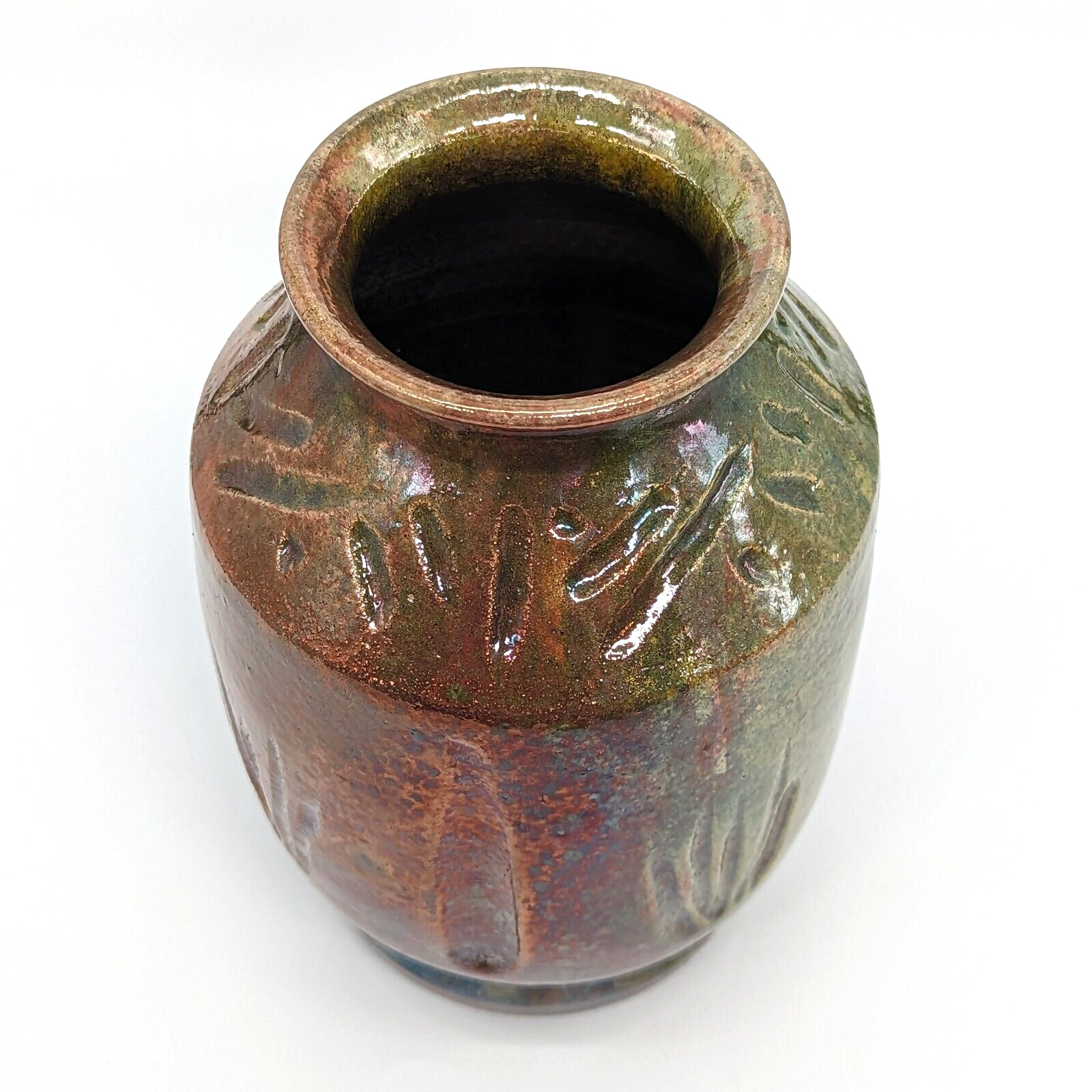 Iridescent Metallic Raku Vase Textured Nature Green Red Glaze Studio Art Pottery