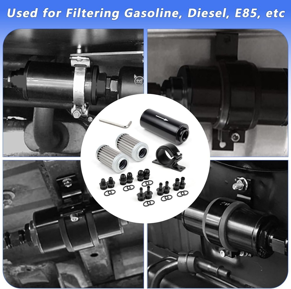 10 Micron Inline Fuel Filter with 6AN 8AN 10AN Fitting Adapter+ Filter Element