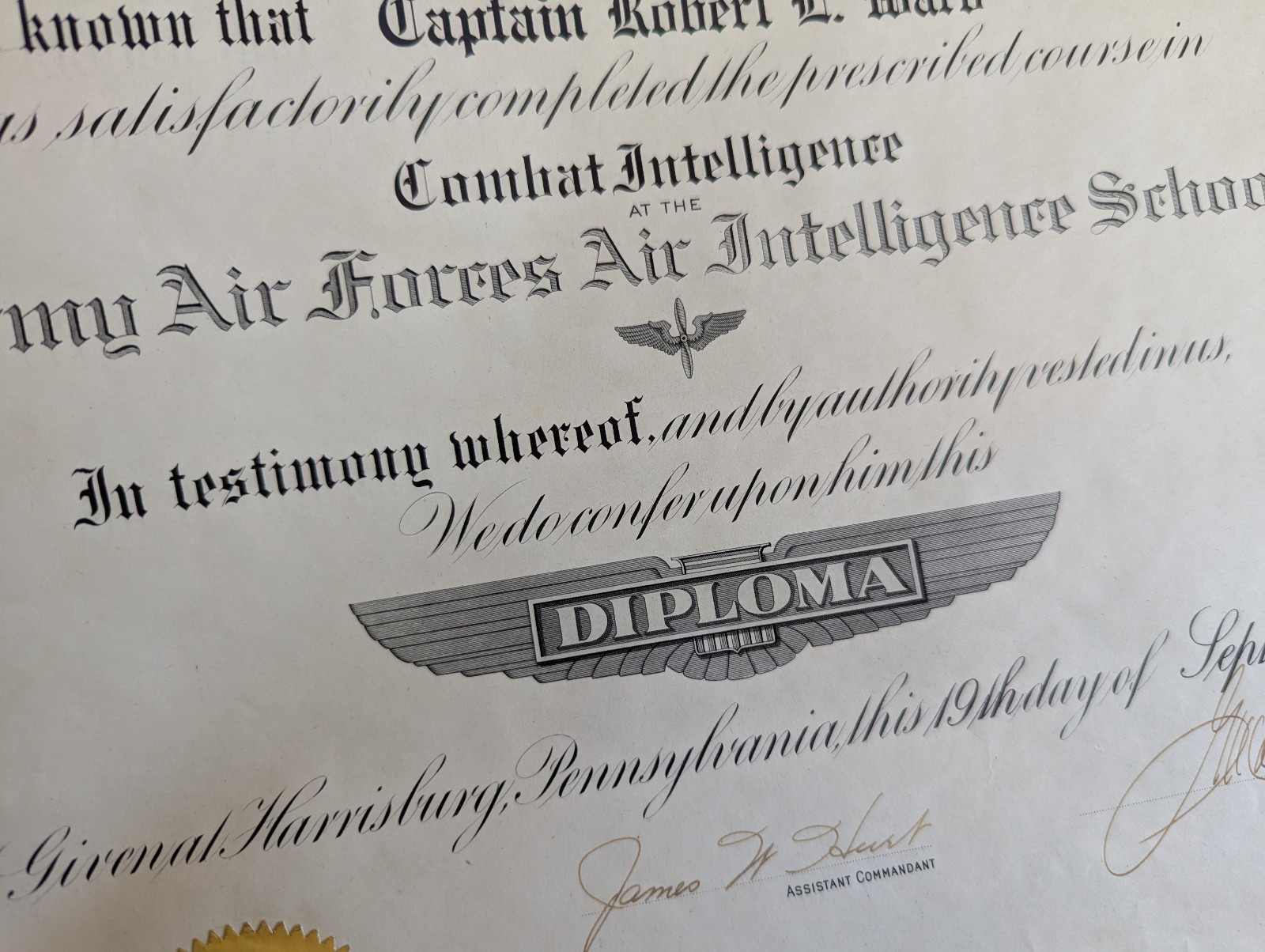 WWII USAF Capt Robert L Ward Air Intelligence School 1942 certificate 12 x 15 in