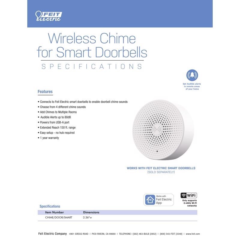 New Feit White Plastic Wireless Smart-Enabled Door Chime Bell
