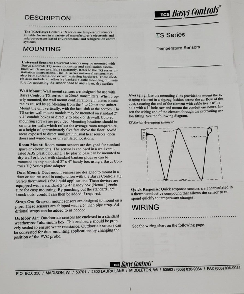 Basys Controls TS1039 8" Duct Temperature Sensor 10K Thermistor