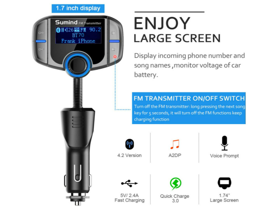 Transmisor FM Radio Bluetooth USB Para Carro Auto For Car Con Pantalla Digital