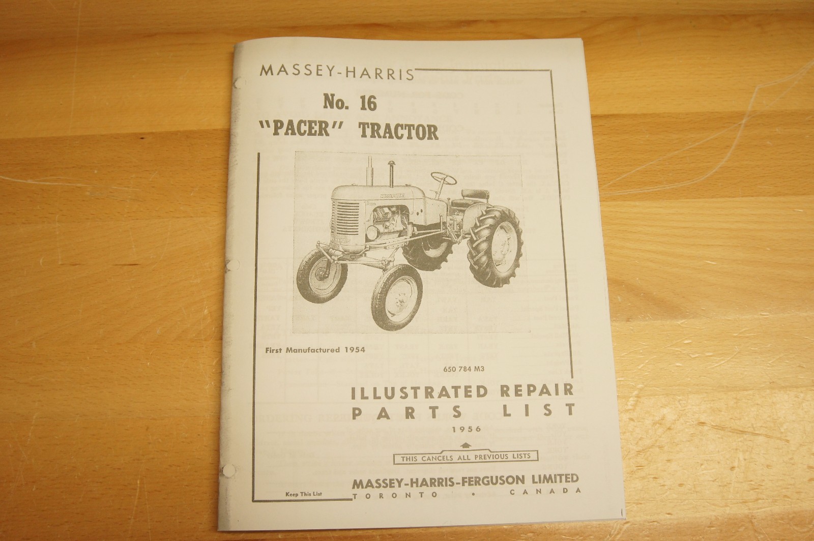 Massey Harris Pacer No 16 Tractor Owner's Manual & Parts Catalog MH Continental