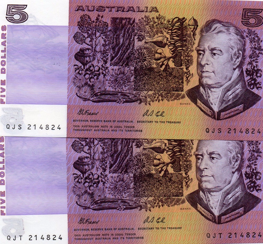 1991AUSTRALI $5 Fraser/Cole TWIN CONS PAIR Same serial Numbers Same Prefix 4note