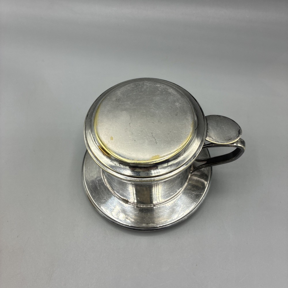 Silver Plate Tea Strainer Press Cup Handle Lid 3pc Marked