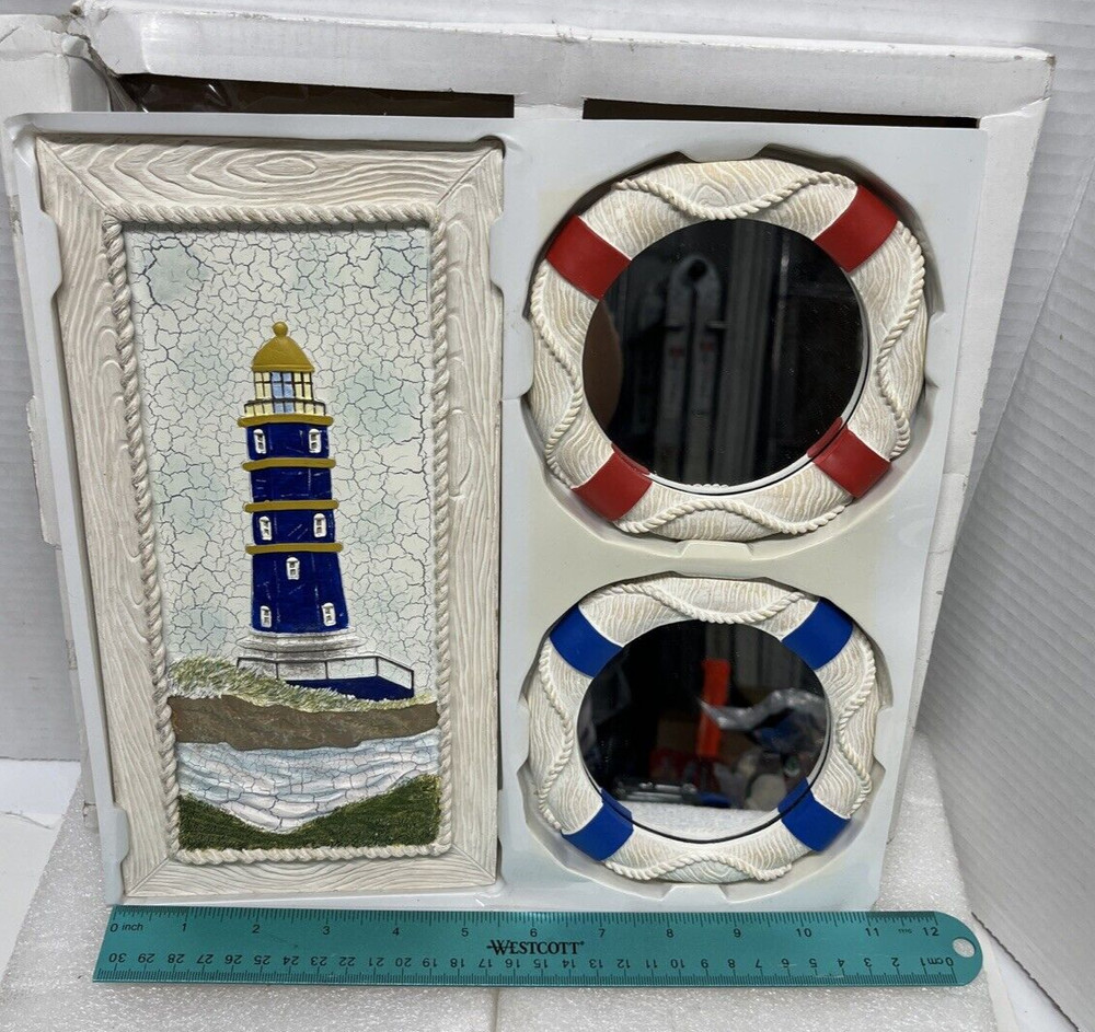 3 Pc Set Blue Lighthouse With Mirror Wall Decor