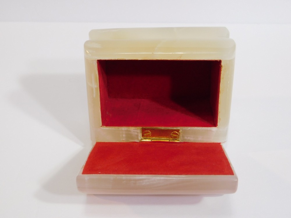 Alabaster Carved Rectangular Box Natural Stone 4" by 3" Hinged Velvet Lined
