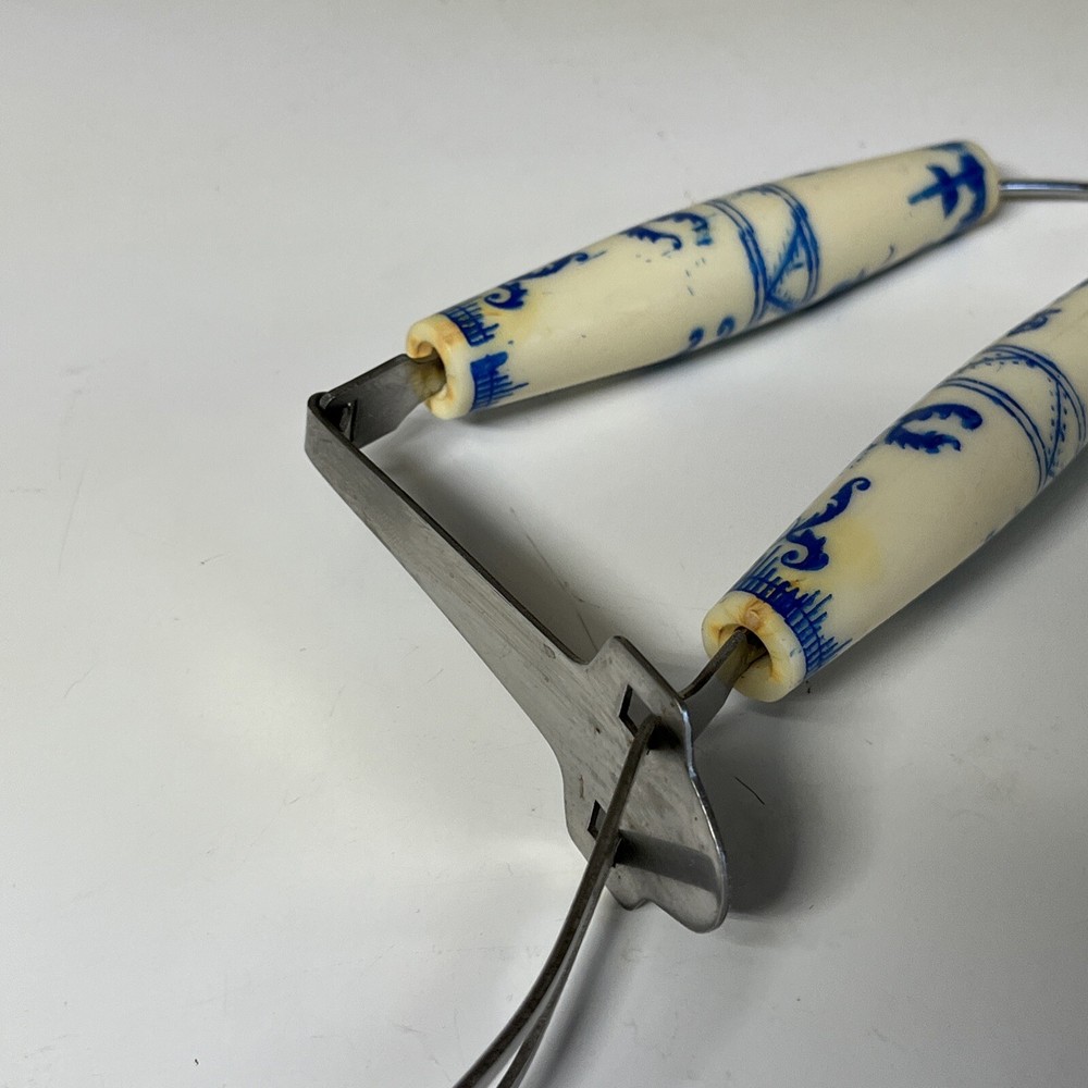 Bakelite White Blue Floral Spring Action Meat Serving Fork Slider