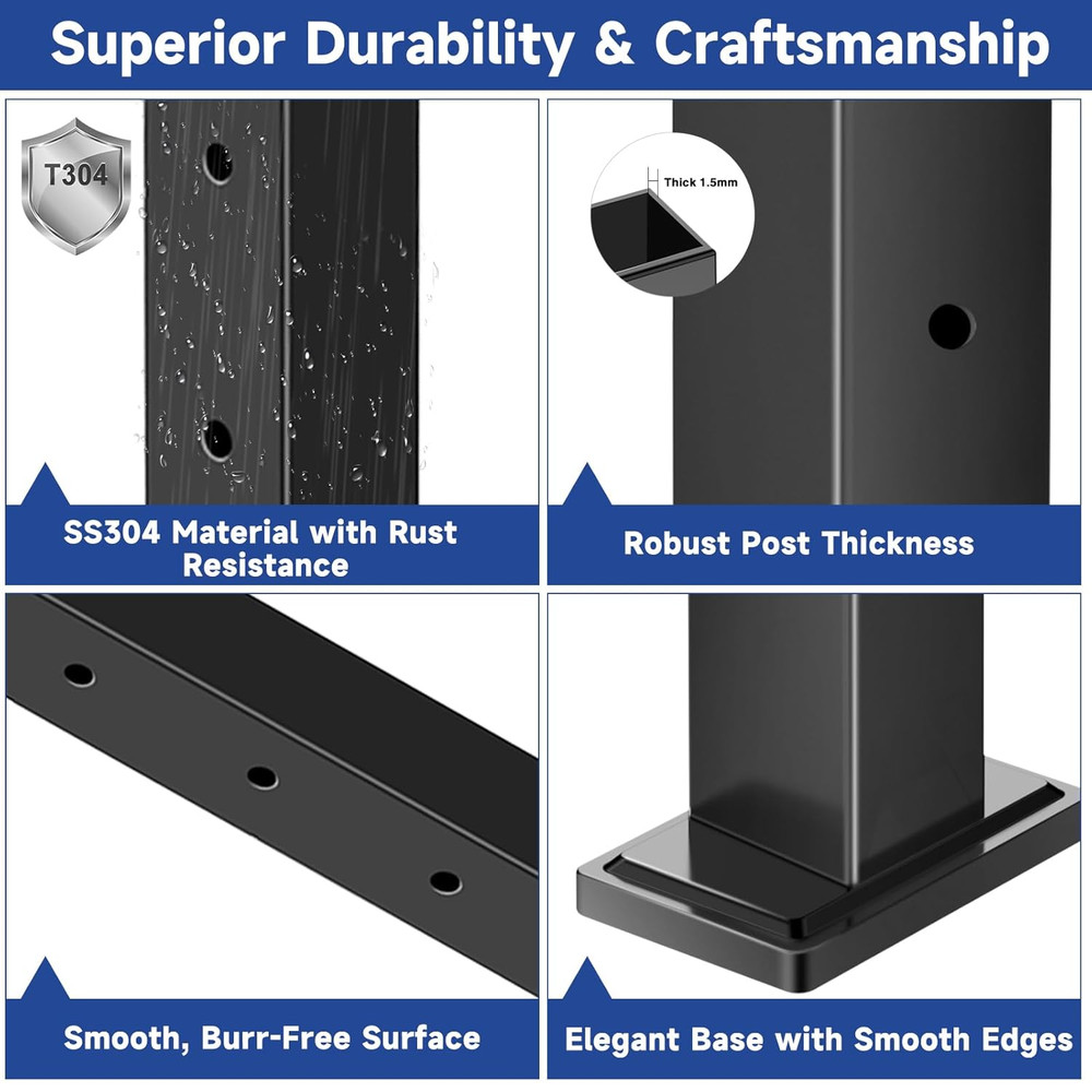 Matte Black 42" Cable Railing Post 4 Pack for Decks & Balconies