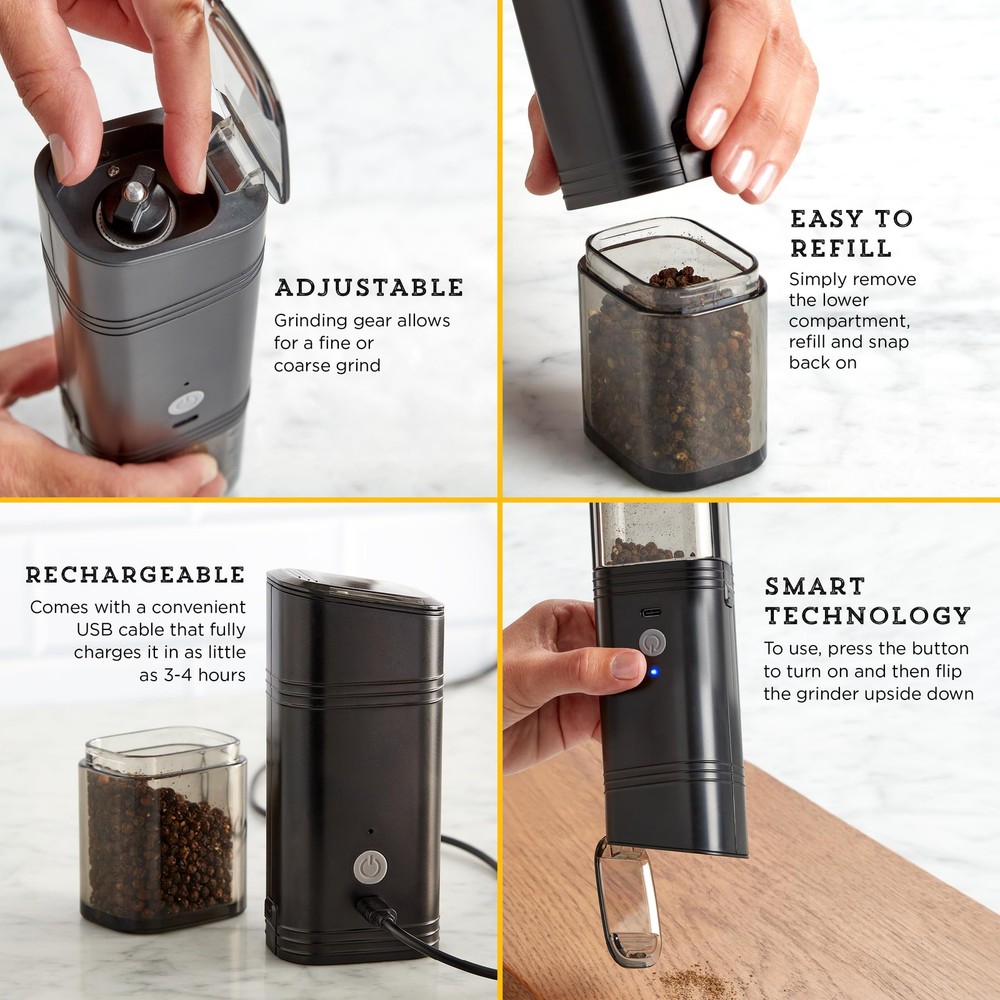 USB Rechargeable Feed Grinder, Filled With Peppercorns, Black